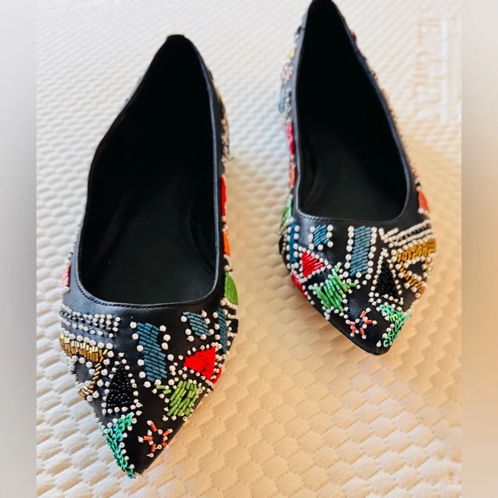 MICHAEL KORS MK Mila Party Colorful Beaded Black Leather Pointed Toe Flats